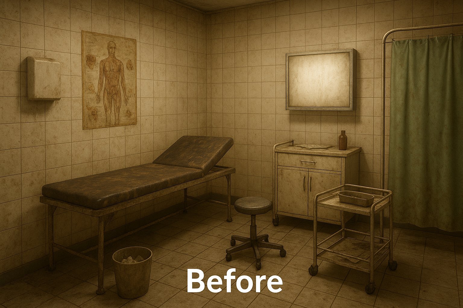 Before medical office cleaning Winnipeg - dirty examination room with stained surfaces and dusty equipment