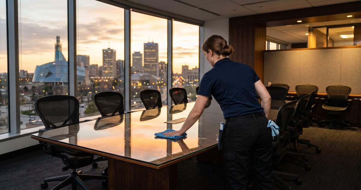 Shallom Cleaning Service team member wiping a glass conference room table in a downtown Winnipeg office at dusk